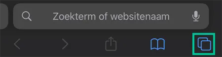 Safari op iPhone waarbij het icoontje voor vensters is uitgelicht