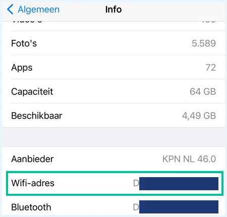 iPhone scherm Info met daarin Wifi-adres