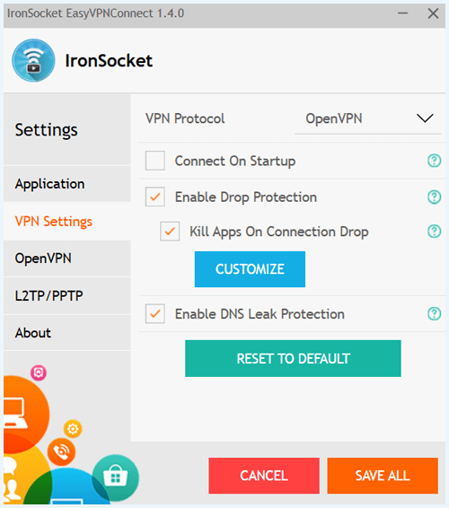 IronSocket VPN settings