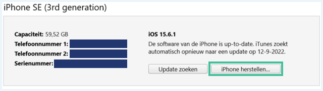 iTunes overzicht van een specifieke iPhone waarbij