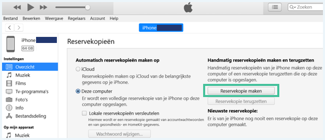 iTunes scherm met iPhone gegevens waarbij