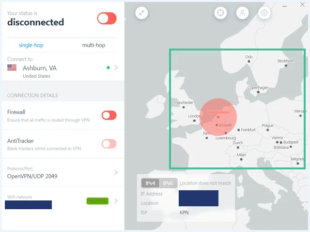 IVPN client software disconnected met kaart highlighted