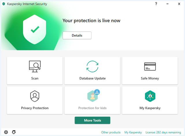 Het homescherm van de Kaspersky antivirus software