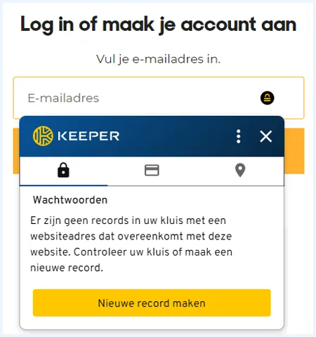 Formulier als je inlogt op de Keeper browserextensie