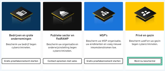 Keeper website opties om te downloaden waarbij 'Word nu beschermd' onder 'Privé en gezin' is uitgelicht