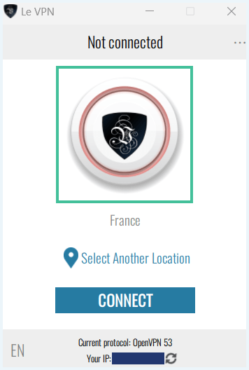 Het homescherm van de app van Le VPN waarbij de aan-knop is uitgelicht