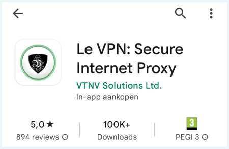 De Le VPN app in de Google Play store