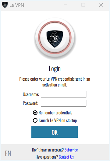Het login-scherm van de app van Le VPN