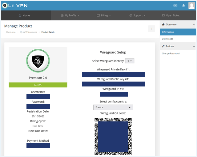 Klantomgeving van de Le VPN website als je bent ingelogd
