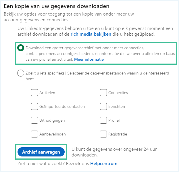 Screenshot van LinkedIn waarbij de knop om een groter gegevensarchief te downloaden is uitgelicht