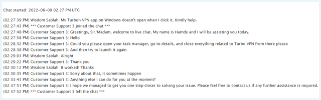 Turbo VPN live chat in e-mail