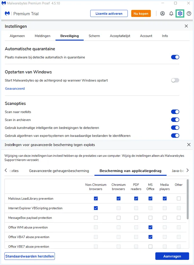 Malwarebytes software Settings en Advanced Settings