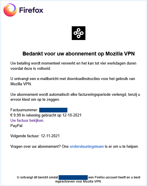 Screenshot van de mail die je krijgt als je een Mozilla VPN abonnement hebt afgesloten