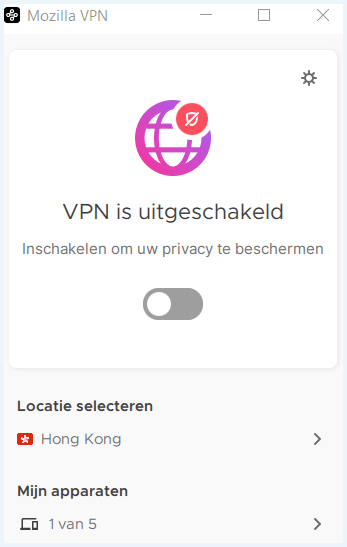 Screenshot van het homescherm van Mozilla VPNs softwares