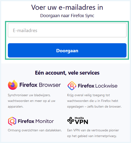 Screenshot van het scherm waar je je e-mailadres moet invoeren als je een Firefox account wil aanmaken