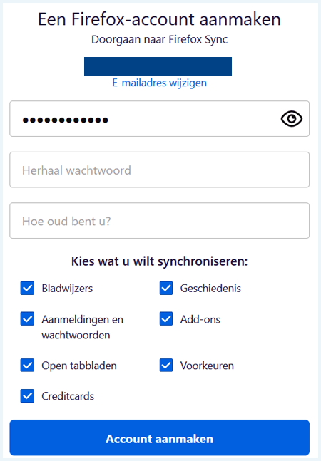Screenshot van het formulier dat je moet invullen als je een Firefox-account wil aanmaken