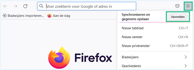 Screenshot van de Firefox browser waarbij het menu en de knop