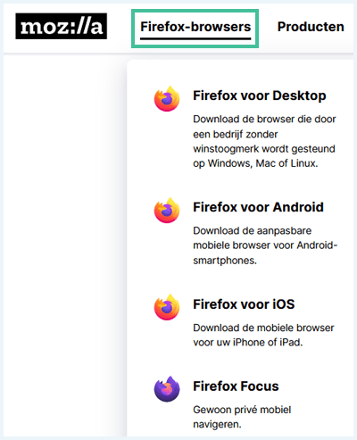 Screenshot van de website van Mozilla waarin de Firefox browsers zijn uitgelicht