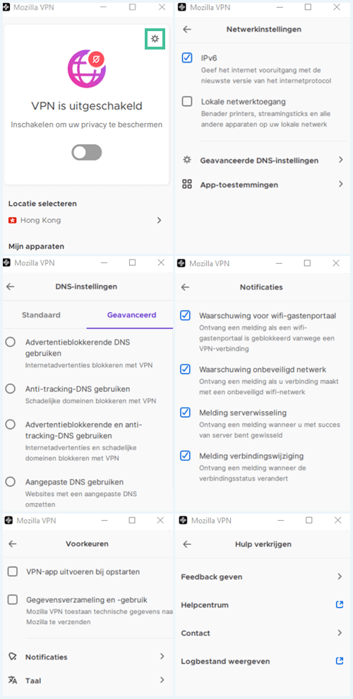 Screenshot van verschillende schermen in de Mozilla VPN software