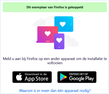 Screenshot van de bevestiging dat Firefox is gekoppeld aan een apparaat