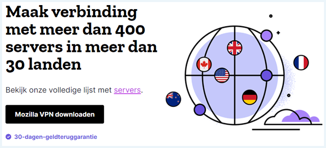 Screenshot van de website van Mozilla VPN met daarop het aantal servers