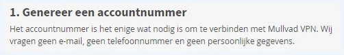 Mullvad VPN informatie over het genereren van een accountnummer