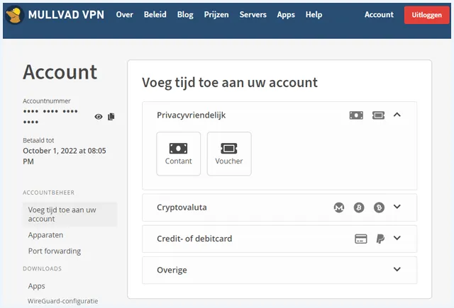 Account-pagina op de Mullvad VPN website