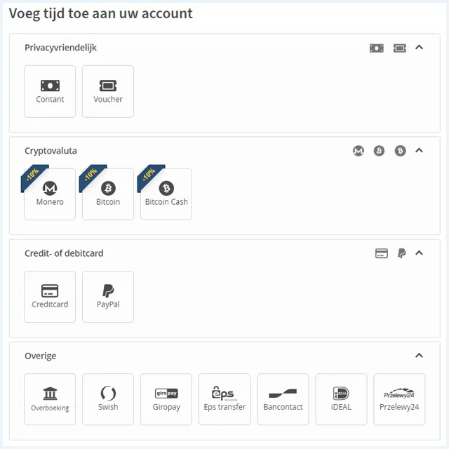 Betaalopties van Mullvad VPN