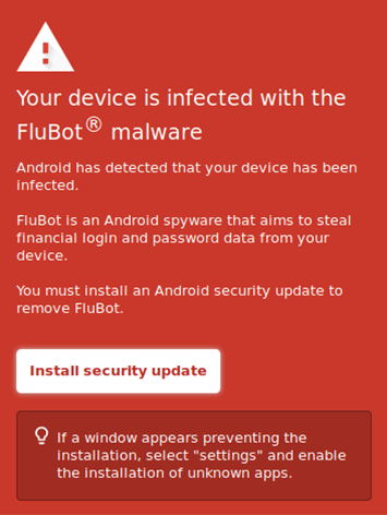 Nepmelding dat je device geïnfecteerd is met FluBot malware
