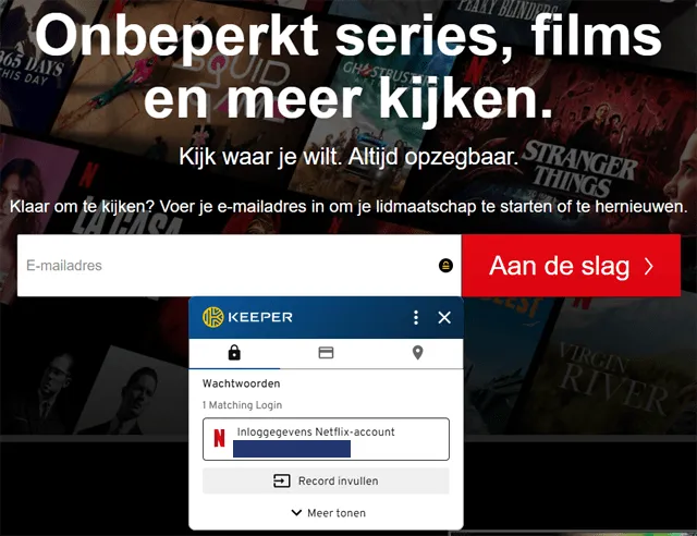 Netflix website waarbij de Keeper wachtwoordmanager laat zien of je inloggegevens hebt voor de site