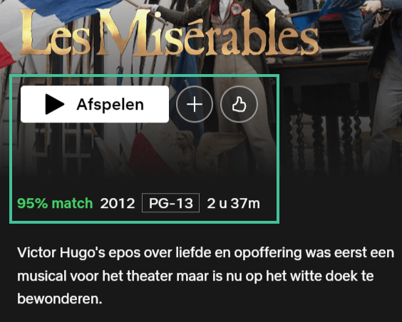 Netflix-pagina van Les Miserables met een afspeelknop