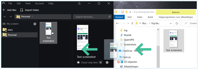 Slepen van bestanden van de Windows verkenner naar NordLocker, aangegeven met pijltjes