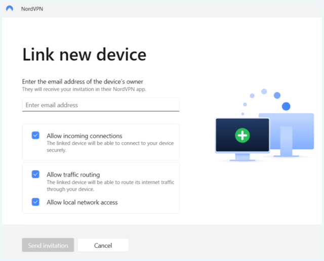 NordVPN's software showing the page to link a new device to the Meshnet
