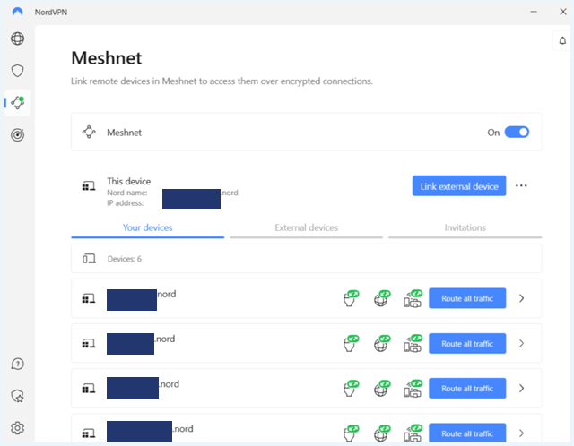 NordVPN's software showing the Meshnet page
