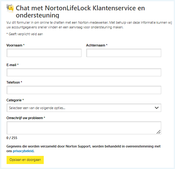 Norton formulier om een livechat te beginnen