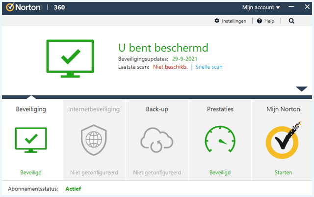 Screenshot van de Norton 360 Account Overzichtspagina