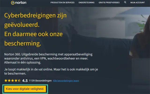 Norton website waarbij de knop