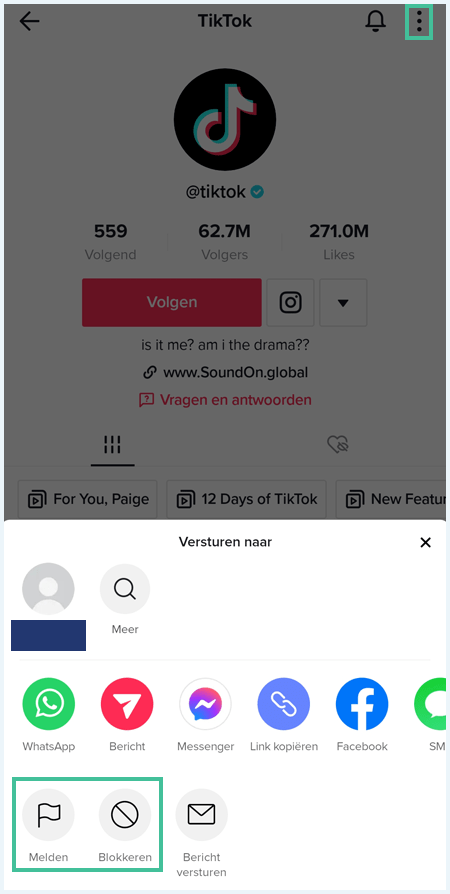 TikTok account met de opties