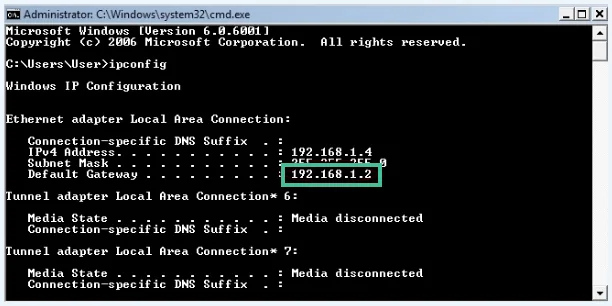 Opdrachtprompt Default Gateway