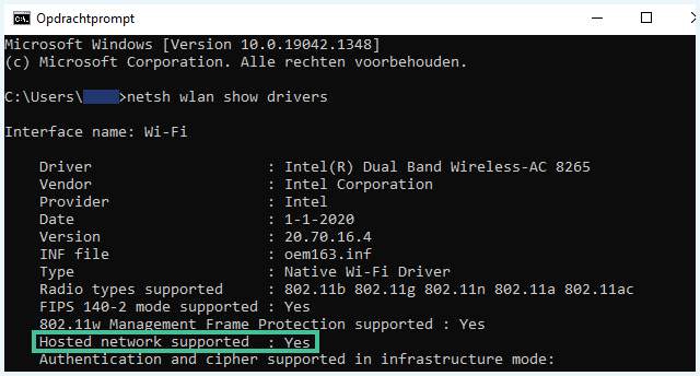 Opdrachtprompt Hosted network supported