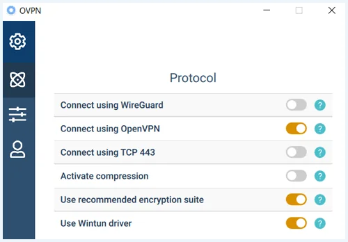 OVPN lijst met protocollen in app