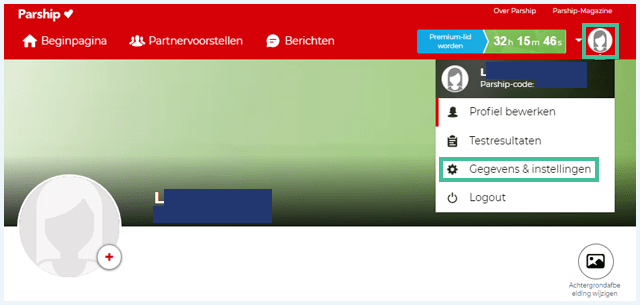 Parship profielpagina waarbij het profiel-icoontje en het menu