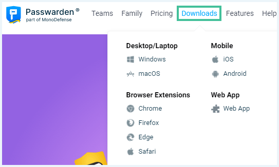 Passwarden website waarbij het menu-item Downloads is uitgelicht