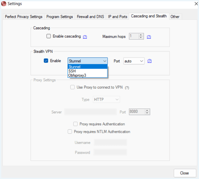 Perfect Privacy VPN software tabblad 
