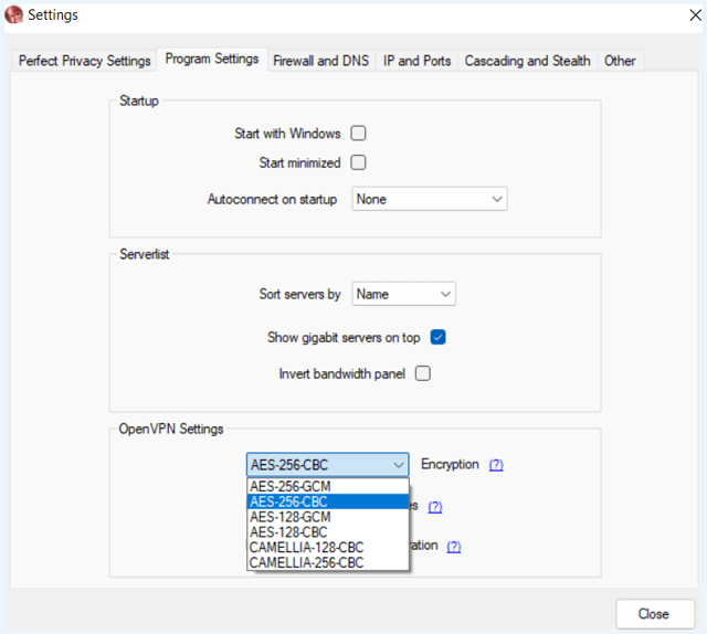 Perfect Privacy VPN software tabblad 