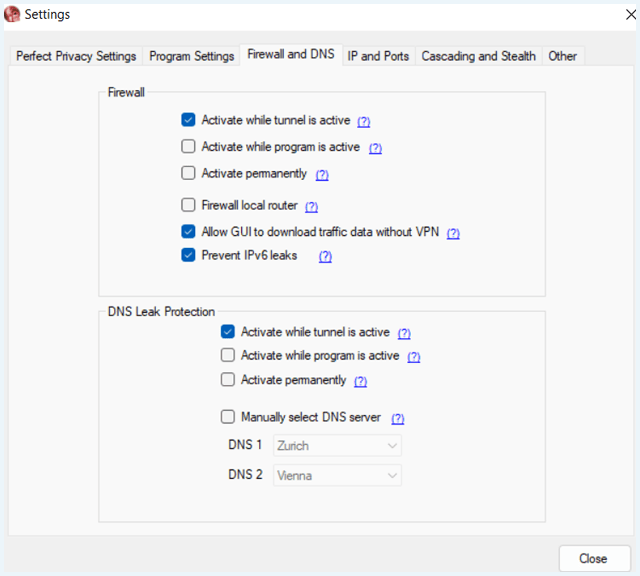 Perfect Privacy VPN software tabblad 