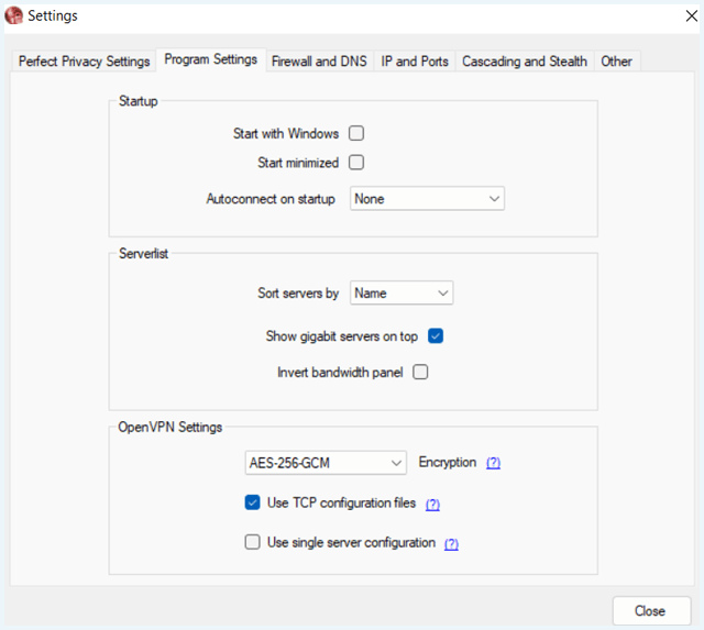 Perfect Privacy VPN software tabblad 