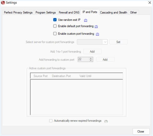 Perfect Privacy VPN software tabblad 
