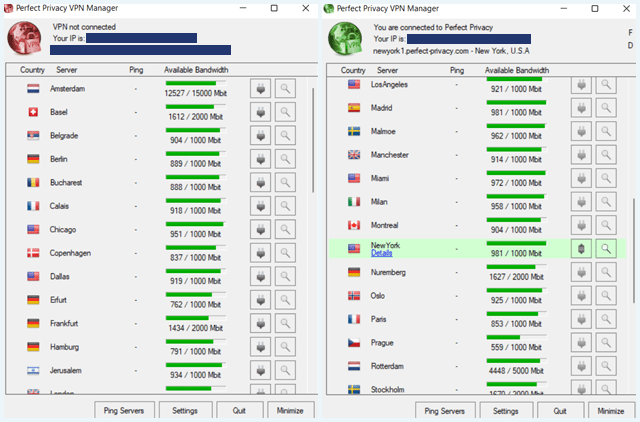 Perfect Privacy VPN software waarbij links de VPN niet verbonden is en rechts wel