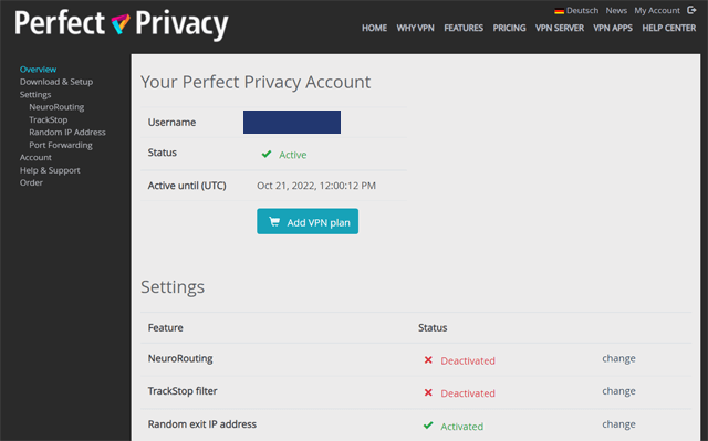 Perfect Privacy VPN website accountpagina